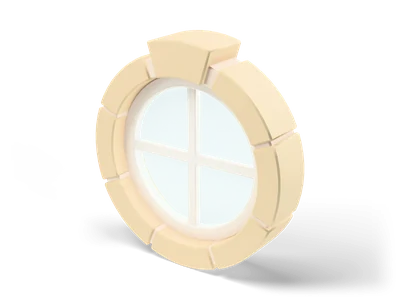 Round window with a ring of sandstone voussoirs, a raised keystone and a white cross barred frame