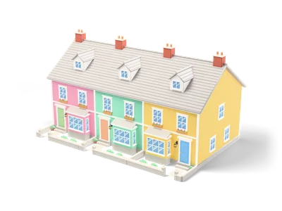Three connected row houses in pink, mint and yellow with grey roof, dormers, bay windows, chimneys and low front garden walls