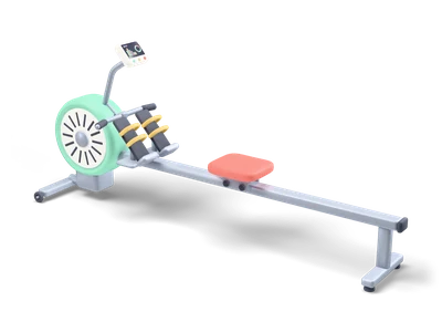 Air rowing machine with mint wheel housing, small console, coral seat and a long blue-grey rail