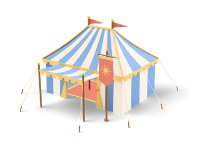 Large blue and cream striped royal tent with yellow crenellated trim, red pennants and a red sun banner