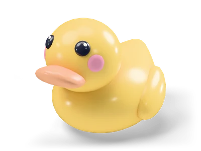 Glossy yellow cartoon rubber duck with a peach beak, black button eyes and pink cheeks