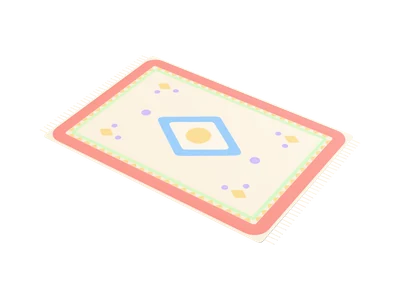 Rectangular rug with a coral border, yellow triangles, a blue diamond in the middle and fringed ends