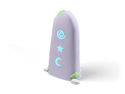 Menhir redondeado lila grisáceo con tallas cian brillantes de espiral, estrella y luna y musgo en la base