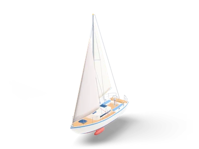 Weißes Segelboot mit Teakdeck, cremefarbener Fock und Großsegel, blauem Streifen und korallenroter Kielbombe