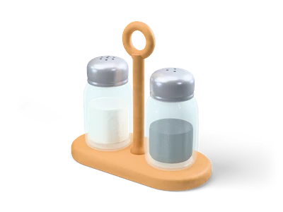 Salt and pepper shakers of fluted glass with steel caps in a wooden caddy with a carrying ring
