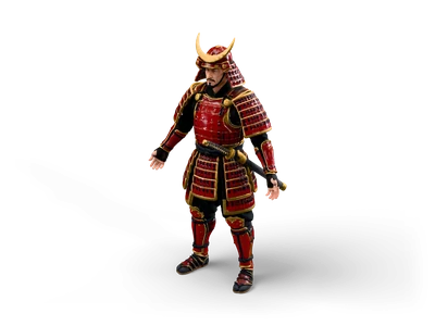 Samurai in red and gold lacquered armor with crescent helmet crest and katana, standing in A-pose