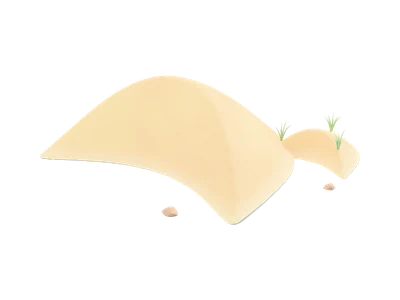 Pale yellow crescent sand dune with a sharp curved crest and a smaller dune beside it