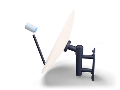 Cream satellite dish tilted upwards with a receiver arm and a dark wall mounting bracket