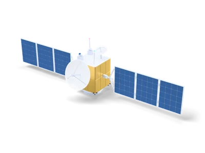 Communications satellite with gold foil body, white dish antenna and two long blue solar panel wings