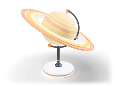 Pastellig gebänderter Saturn-Globus mit breiten gestuften Ringen in Creme, Butter und Pfirsich auf Ständer mit weißem Sockel