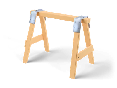 Light wooden A-frame sawhorse with four splayed legs, end brace boards and metal brackets over the top beam