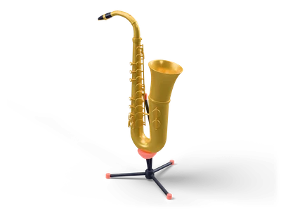 Golden alto saxophone with pearl finger buttons and black mouthpiece standing in a low dark tripod stand