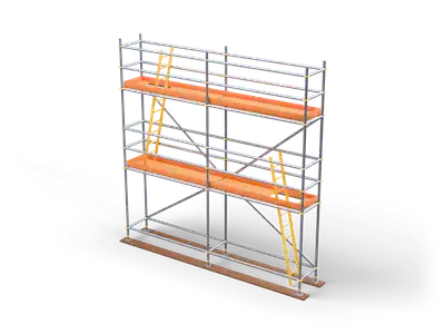 Two storey steel scaffolding section with yellow joints, wooden decks, orange toe boards and yellow ladders
