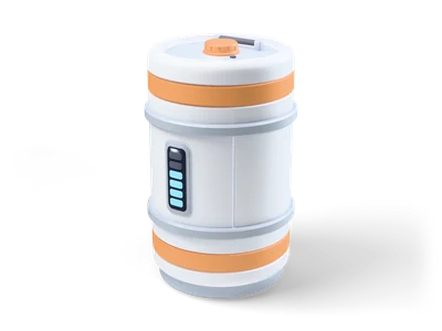 White sci-fi barrel with orange bands, grey hoops and a small glowing cyan level gauge on the front