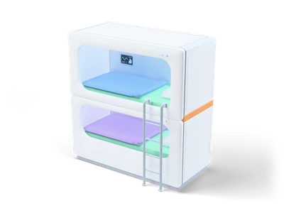 White sci-fi bunk unit with two rounded sleeping pods holding mint mattresses with lavender and blue blankets and a grey ladder