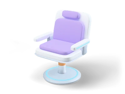 White swivel chair with lavender seat and back cushions, armrests with cyan light strips and a round grey base with a glowing ring