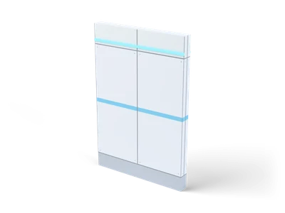 White sci-fi wall panel with grooves, a grey base, a light blue band and a glowing cyan light strip