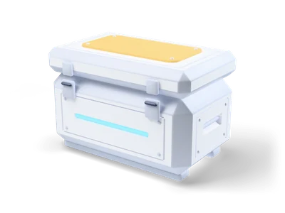 White chamfered sci-fi crate with yellow lid panel, cyan light strip, front latches and recessed side grips
