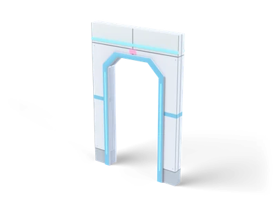 White sci-fi wall with an octagonal doorway outlined in light blue and glowing cyan strips