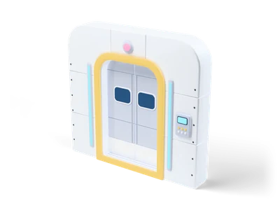 White rounded sci-fi bulkhead door with yellow outline, two sliding leaves with small windows and side control panel
