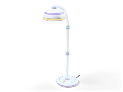 White arc floor lamp with a curved pole, a dome shade with a warm yellow light band and a round white base with a cyan ring