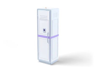 Tall white locker with a grey frame, a lilac band around it, a bar handle and a small lock panel with a glowing lilac ring