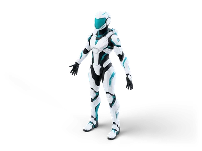 Sci-fi soldier in white armor with dark grey joints, cyan accent lines and a cyan helmet visor