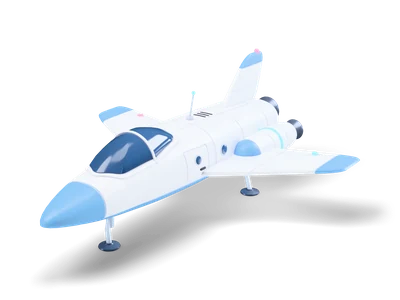White and sky blue sci-fi spaceship with dark canopy, swept wings, tall tail fin and three landing legs