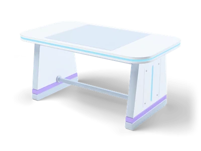 White sci-fi table with rounded corners, a cyan glowing edge, a light grey centre panel and two white trapezoid legs with lilac bands