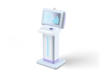 White standing terminal with a tilted dark screen showing a cyan radar and bars above a keypad and hand scanner