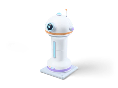 White sensor tower with a round dome, a big dark eye ringed in cyan, an orange band and a lilac base stripe on a grey plinth