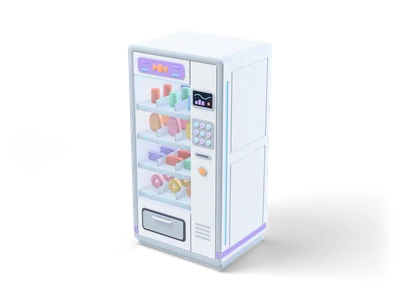 White vending machine with a glass front full of colourful pastel snacks, a button panel, a lilac candy sign on top and a grey pickup flap