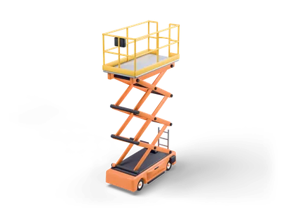 Orange scissor lift half raised with crossed arms and a yellow railed work platform on top