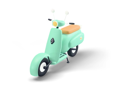 Retro mint motor scooter with caramel quilted seat, white rear rack, round yellow headlight and round mirrors