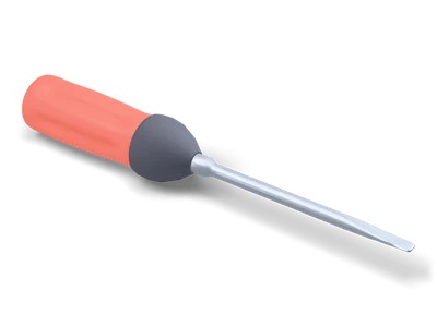 Flat-head screwdriver with a red fluted handle, dark rubber collar and a long steel shaft with flat tip
