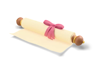 Cream parchment scroll rolled on a rod with brown wooden knobs, tied with a dark pink ribbon bow, front edge unrolled