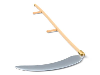 Stylized scythe lying flat with a light curved ash snath, two honey wood grips, a brass ring and a long curved steel blade