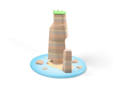 Tall layered sandstone pillar with a small grass top standing in a round light blue water disc