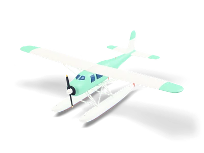 Mintfarbenes einmotoriges Wasserflugzeug mit weißem Schulterflügel, schwarzem Propeller und zwei weißen Schwimmern