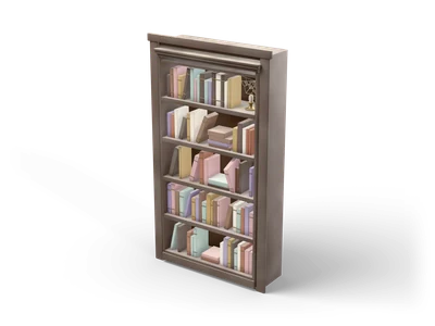 Dark wooden bookcase full of pastel books in a door frame, one book tilted out and a small cobweb in the top corner