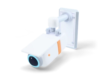 White rounded security camera with a dark lens and cyan light ring hanging from a grey arm on a white wall plate