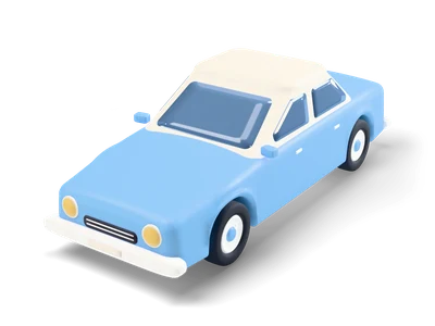 Sky-blue compact sedan with cream roof, round yellow headlights, chrome grille and cream bumpers
