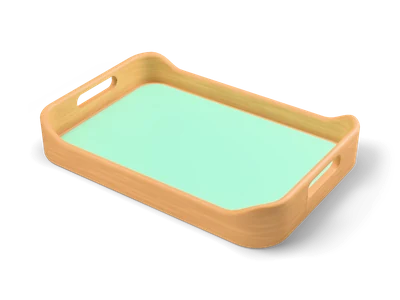 Empty wooden serving tray with mint base panel and cut-out hand holes at both ends