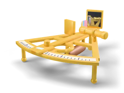 Gold coloured sextant lying flat with a cream scale arc, small mirrors, colourful filters and a short telescope