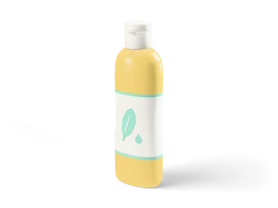 Pastel yellow shampoo bottle with a white label showing a mint leaf and a drop and a white flip top cap
