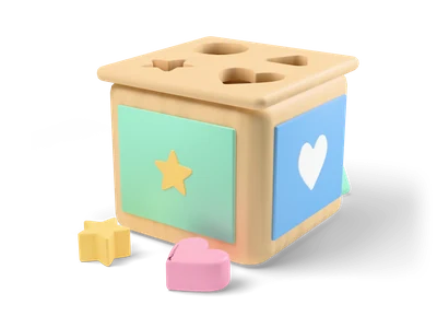 Wooden shape sorter cube with mint and blue panels, cut-out lid and a yellow star and pink heart in front