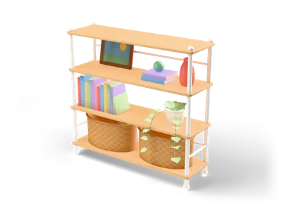 White and oak open shelf with wicker baskets, colourful books, a hanging plant, a framed picture and a vase