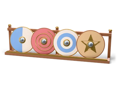 Cuatro escudos redondos pintados con umbos de acero en fila sobre un soporte de nogal, con mitades, espiral, anillos y estrella