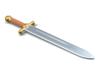 Stylized short sword lying flat with a broad steel blade, brass crossguard, brown leather grip and a mint gem in the round pommel