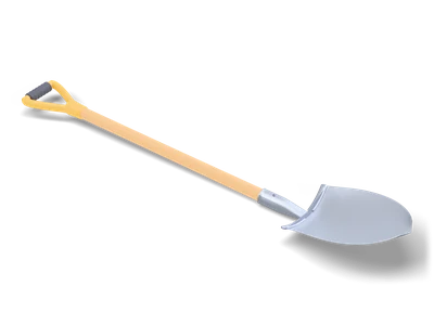 Round point shovel with silver steel blade, long light wooden shaft and yellow D-shaped grip with dark rubber sleeve